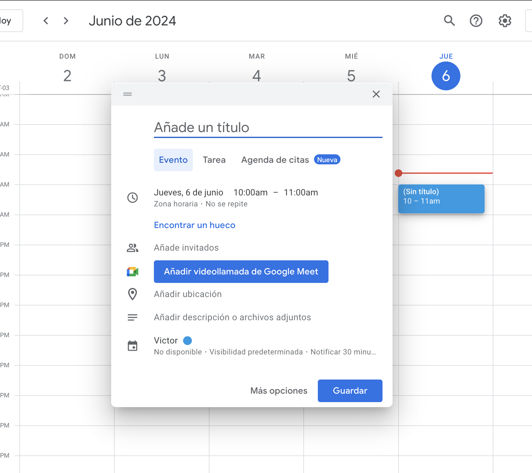 Abrir una ventana para crear un evento del calendario de google