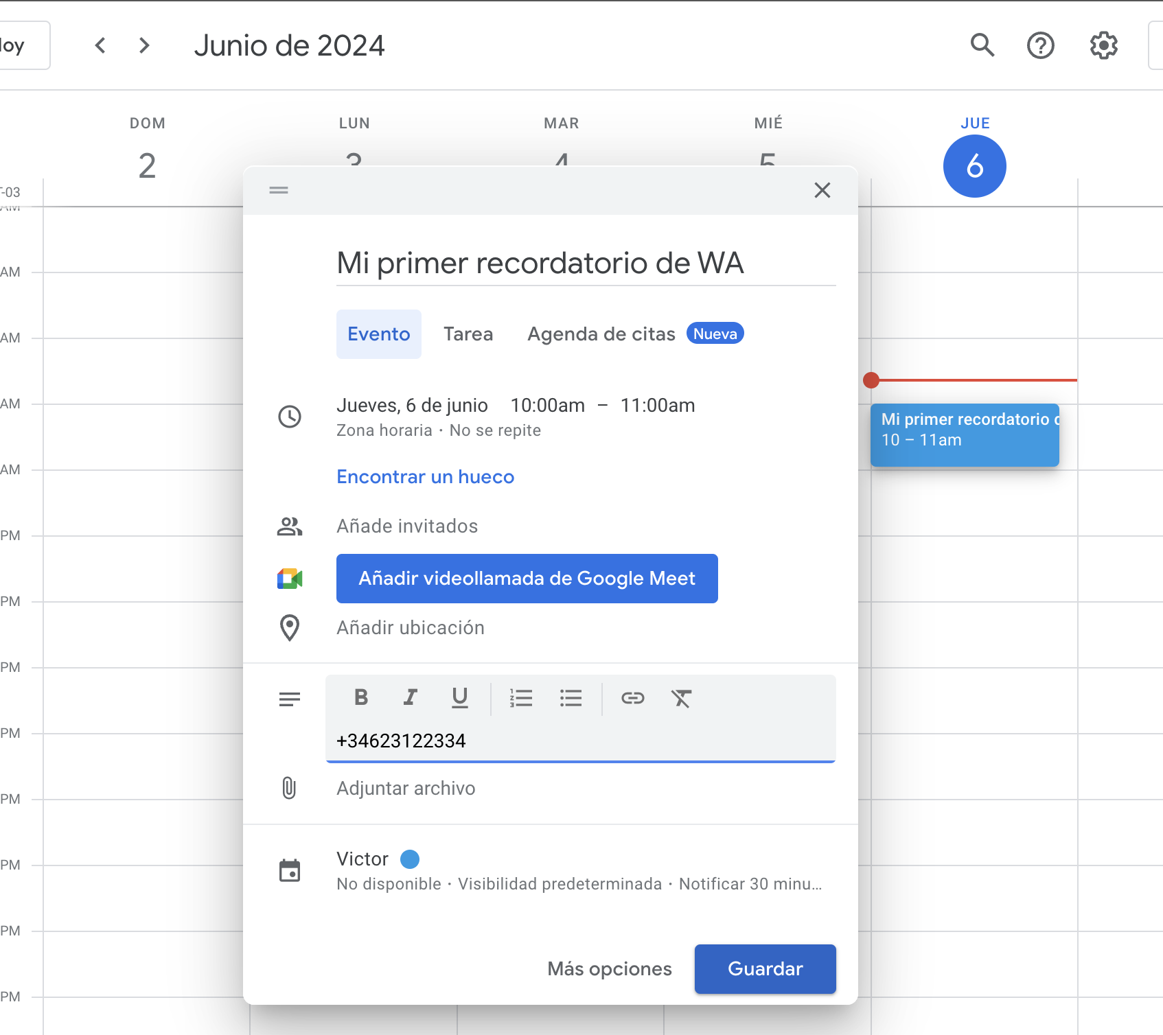 Añadir descripción al evento de Google Calendar
