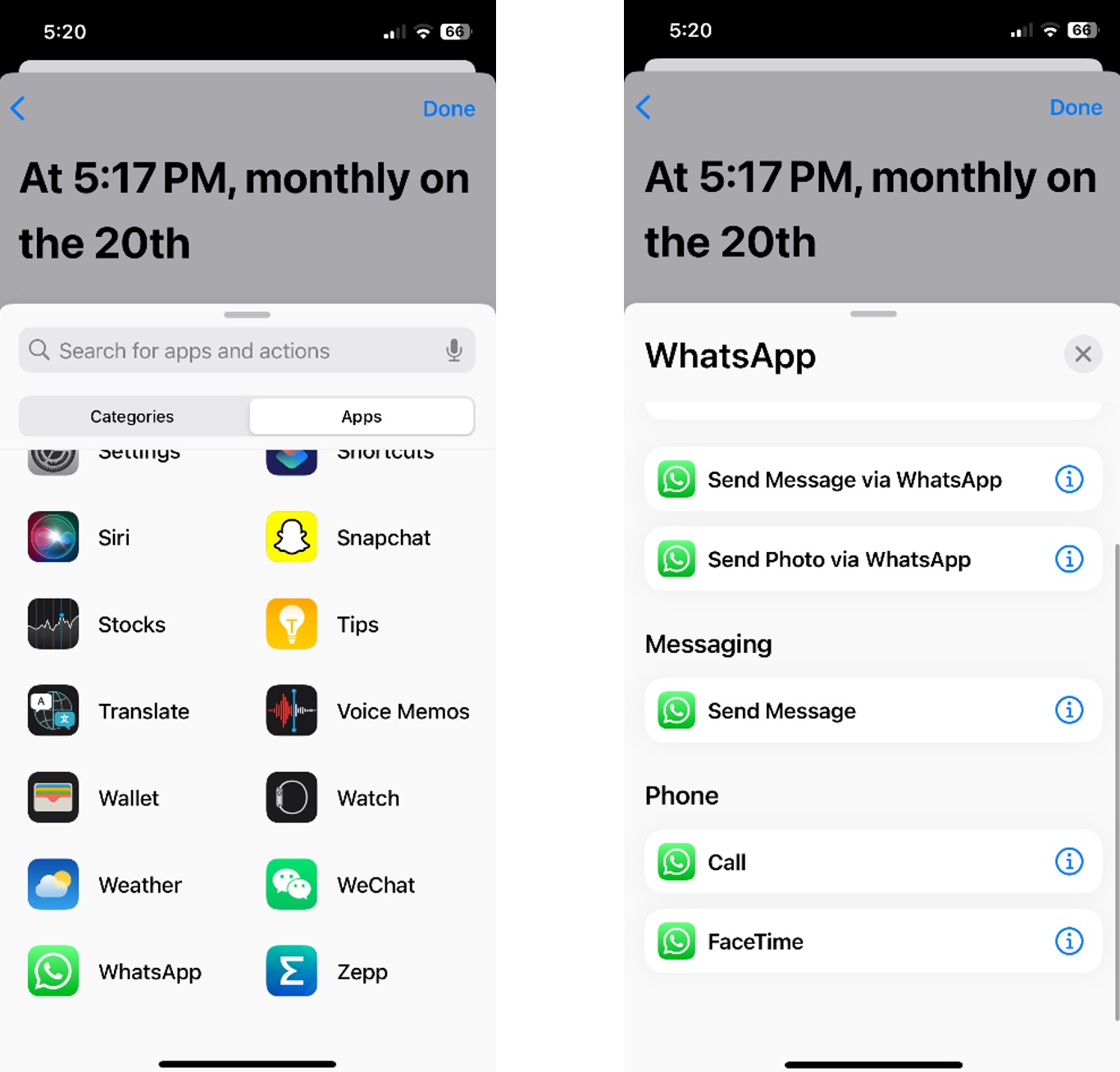 Select WhatsApp action in Shortcuts