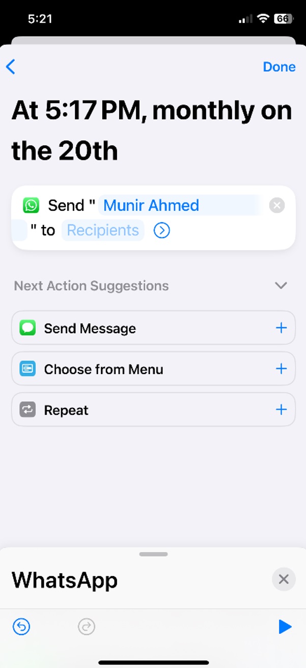 Configure WhatsApp message in Shortcuts